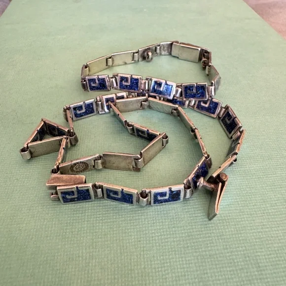 Margot de Taxco Mosaic Blue Enamel Sterling Silver Necklace and Bracelet Set